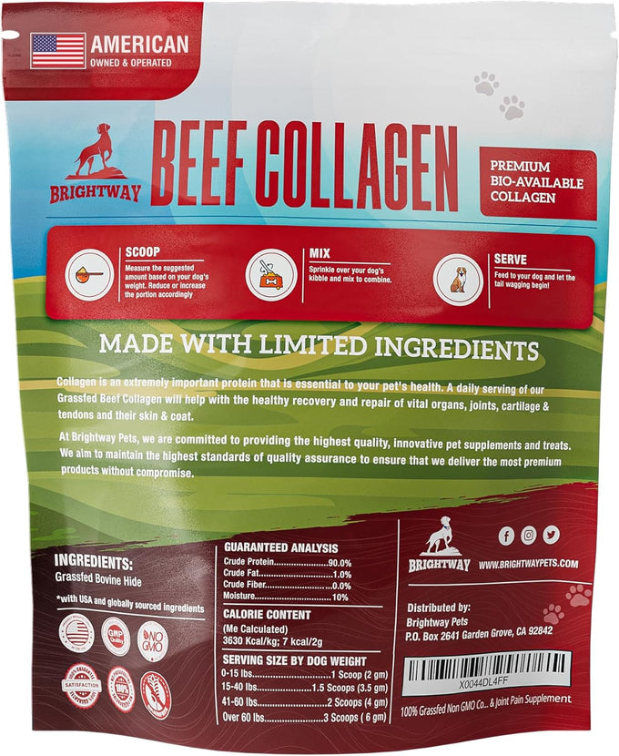 Grass fed Collagen for Dogs supports healthy skin, coat, hip, joint care and cartilage support for dogs with 100% all natural collagen