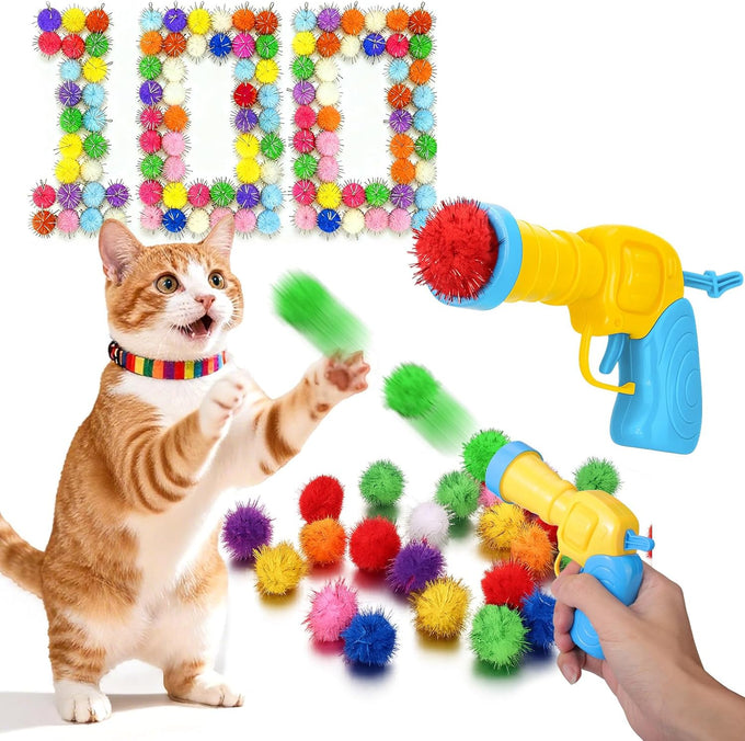 Mity rain 102PCS soft plush cat ball launchers & pom pom balls interactive cat toy set for indoor cats
