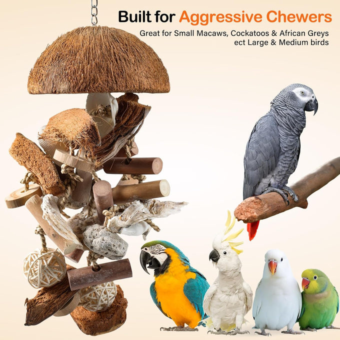 natural bird toys for parrots - handmade coconut shell shredding toy for sun conures conures caiques cockatiels