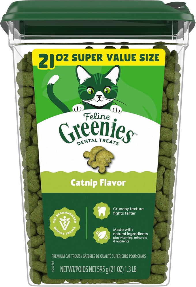 Feline Greenies cat dental treats, adult natural, 21 oz tub, veterinarian-recommended, catnip flavor