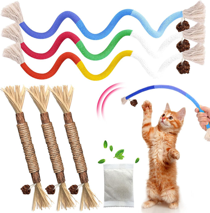 GBSYU 6Pcs Silvervine Cat Chew Rope & Sticks, Refillable Catnip Bag for Teeth Cleaning and Stress Relief