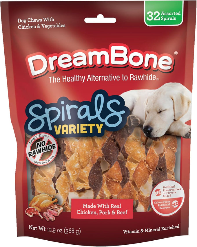 DreamBone Spirals Variety Pack Rawhide-Free Dog Chews, 32 Count, Made with Chicken, Beef, or Pork