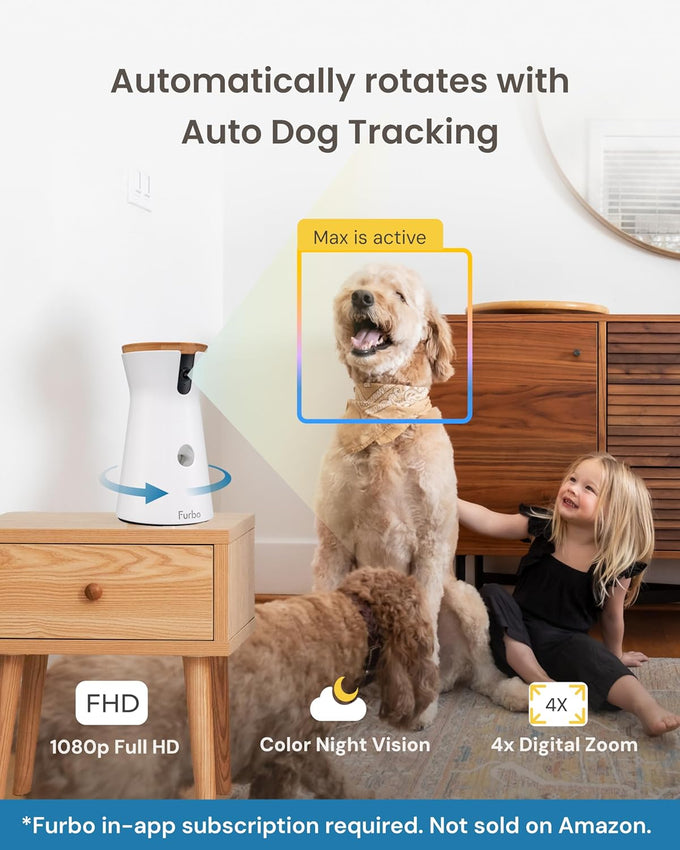 Furbo 360° Dog Camera home security with 2-way speaker, rotating treat toss, and subscription required for full features