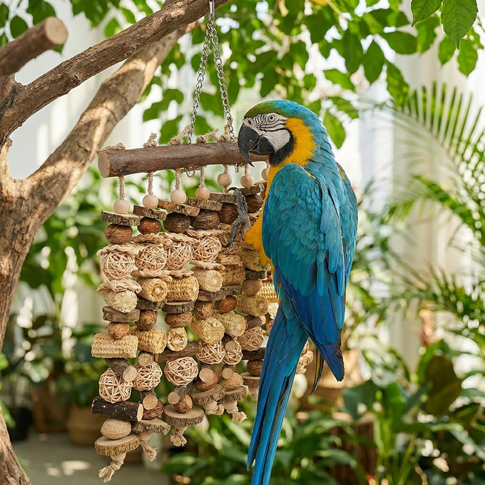 14.5" Extra Large Macaw Bird Chewing Toy with Natural Wood, Corn Cobs and Rattan Balls for African Grey, Cockatoos