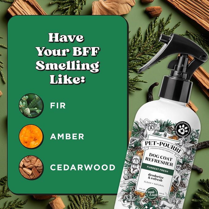 poo-pourri furrest fresh dog deodorizing spray, 8 fl oz, paraben & sulfate-free, fir, amber, & cedarwood scent