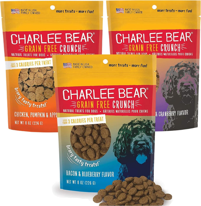 charlee bear crunchy dog training treats, low calorie, grain free natural mini dog treats for puppies and small, medium & large dogs, usa made, healthy 3 flavor variety pack 8oz (3-pack)