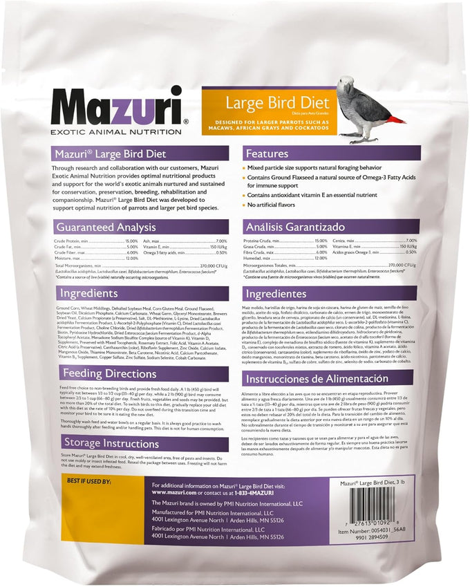 Mazuri nutritionally complete food for large birds, 3-pound bag, mixed particle size, omega-3 fatty acids