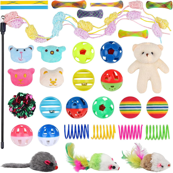 Quozuo 30 pc cat toy set, interactive kitten toy wand, cat balls with bells, non-toxic safe gift box
