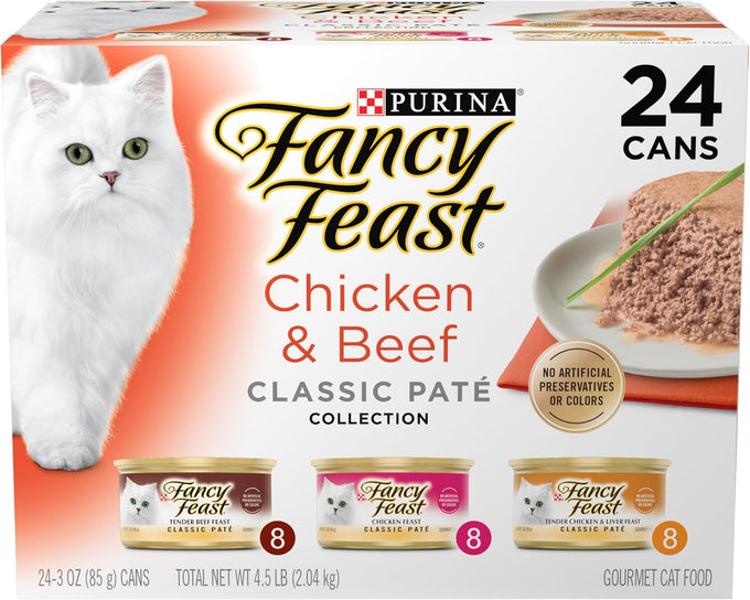 fancy feast chicken and beef grain free wet cat food variety pack - 24 count 3 oz pull-top cans