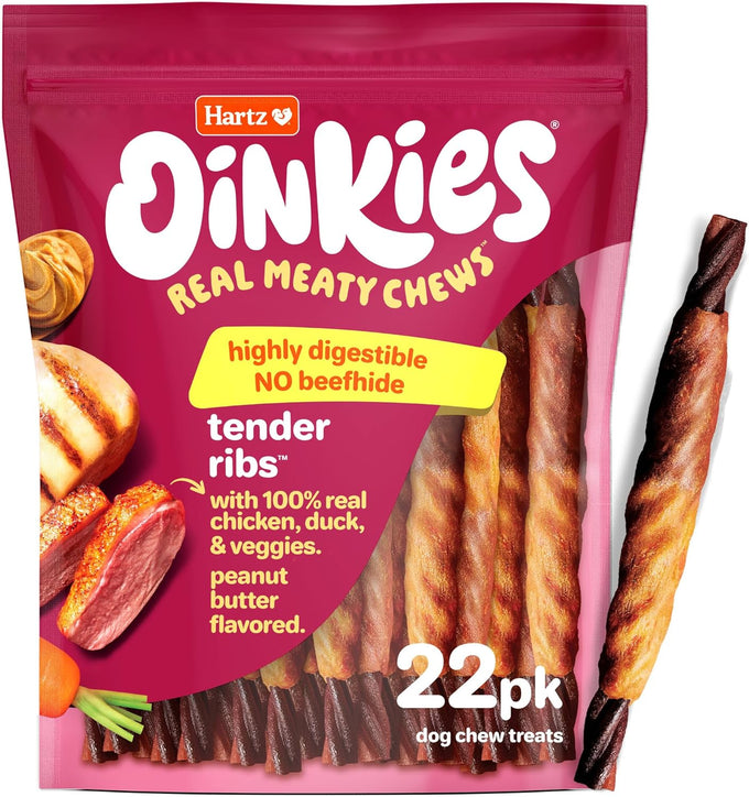 Hartz Oinkies tender ribs with real chicken and duck, peanut butter flavored dog treats, 22 count, rawhide-free, highly digestible