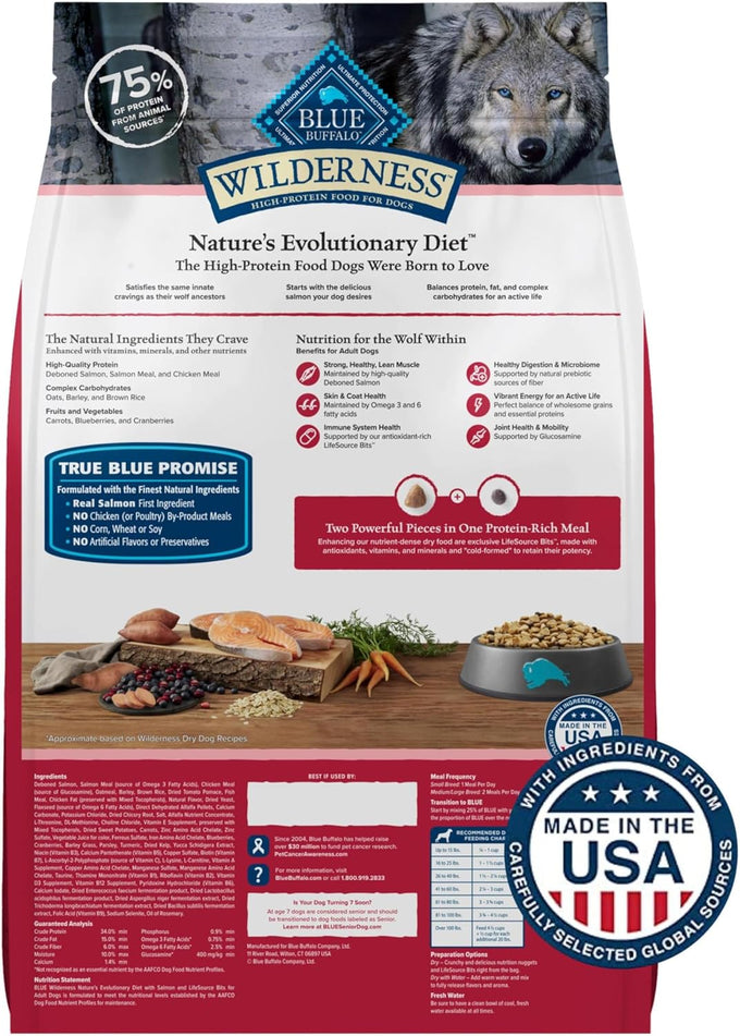 Blue Buffalo Wilderness high-protein dry dog food for adults, salmon recipe, 13-lb bag, no chicken by-products