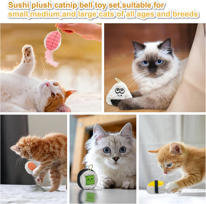 5pcs cute sushi plush catnip toys with bell and feathers for indoor cat boredom relief