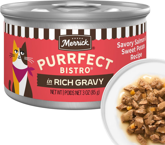 Merrick Purrfect Bistro Savory Salmon and Sweet Potato Recipe Adult Natural Wet Cat Food Cans, 24-Pack, 3 oz.