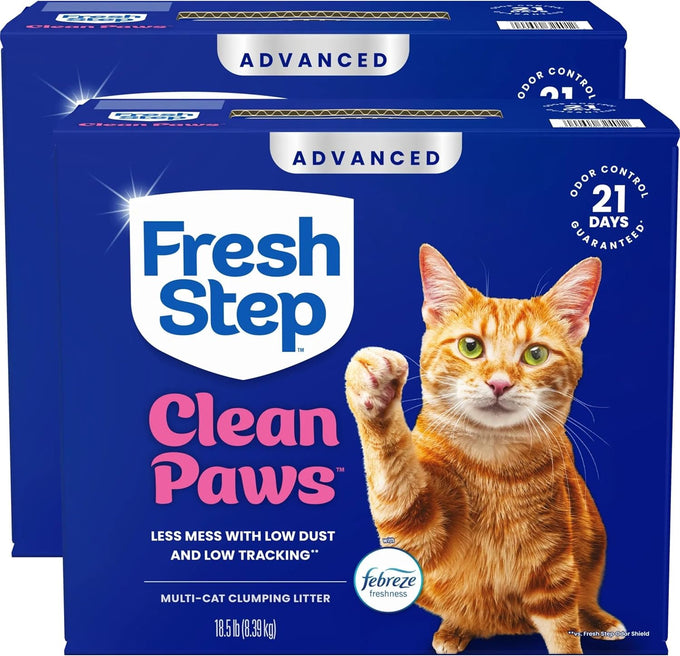 fresh step advanced clean paws low-tracking clumping litter with febreze freshness, 37 lbs, 2 x 18.5 lb, multi cat formula