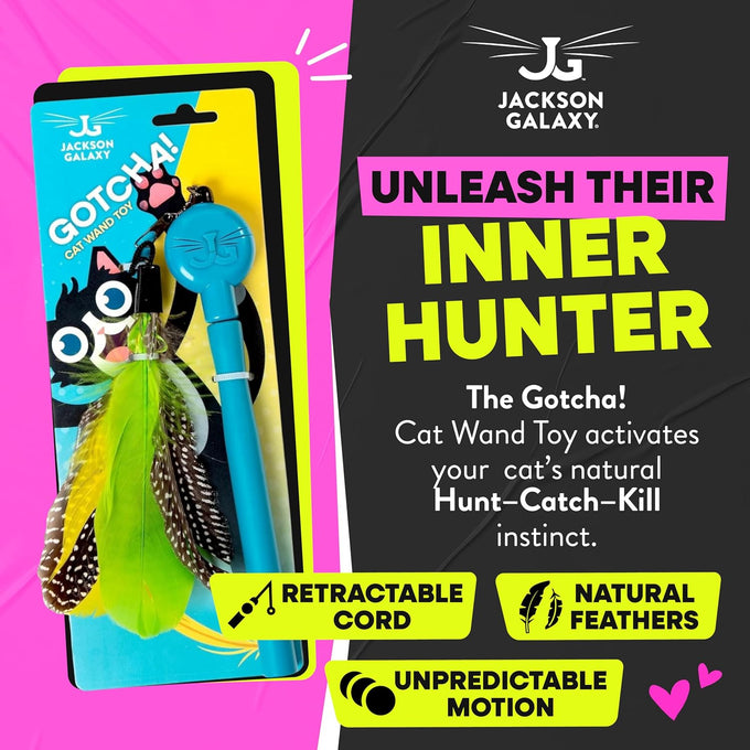 Jackson Galaxy Gotcha! Telescoping Cat Wand Toy with Natural Feathers for Indoor Cat Play