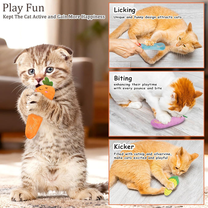 etyker plush catnip toys, 5 pack, indoor kitten kitty toys, interactive veggie shape cat kicker chew toys