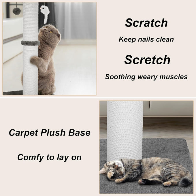 34-Inch heavy-duty grey cat scratching post with cotton rope and hanging ball for indoor cats