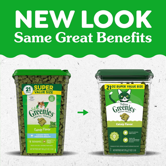 Feline Greenies cat dental treats, adult natural, 21 oz tub, veterinarian-recommended, catnip flavor