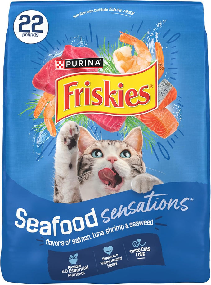 Purina Friskies dry cat food seafood sensations with salmon tuna shrimp flavors 22 lb bag