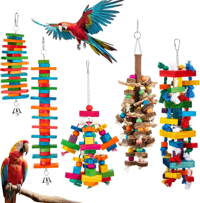 seenelling 3pcs large multicolored wooden parrot cage chewing toys for macaws african greys cockatoos