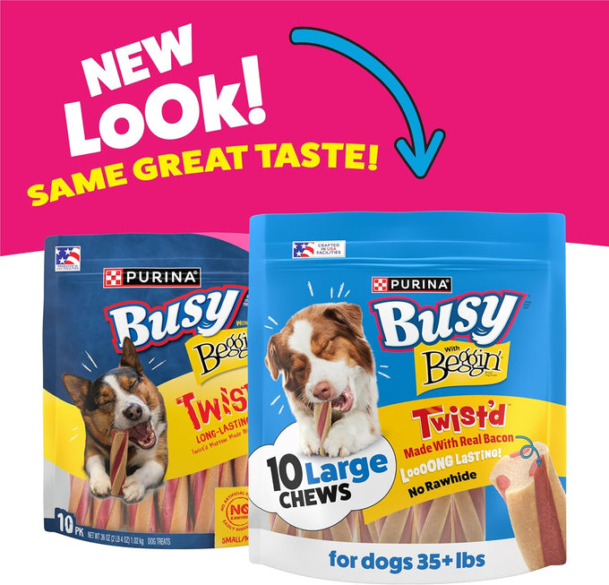 Purina Busy with Beggin' Dog Treats, Twist'd, Bacony, Rawhide-Free, Long-Lasting, Adult Dog Snacks, 10 Count Pack