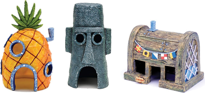 Penn-Plax officially licensed Spongebob Squarepants 3-piece fish tank decoration set, safe for freshwater and saltwater aquariums.