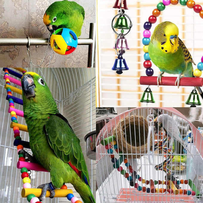 Hamiledyi bird parrot swing chewing toy set 15pcs wooden hanging bell hammock climbing ladders colorful pet birds cage toys