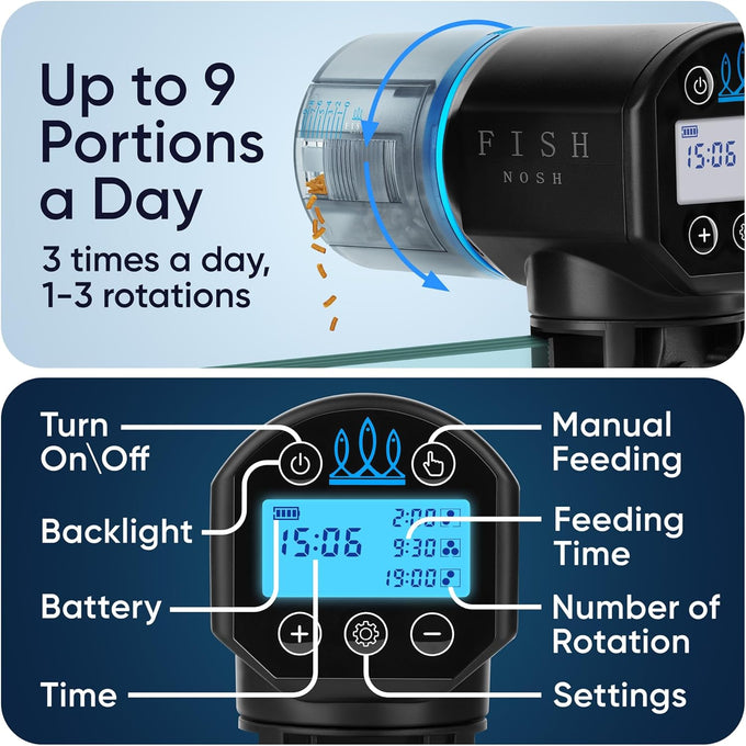 Fishnosh 2026 Automatic Fish Feeder for Small to Big Aquariums and Pond, Blue, Programmable Up to 9 Feedings