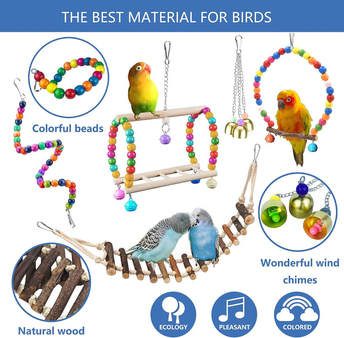 22 Pack Parakeet Cockatiel Toys Set with Safe Bells, Colorful Climbing Ladder, Natural Wood
