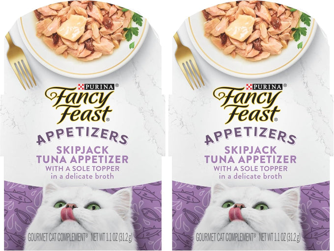 Purina Fancy Feast Appetizers Lickable Grain Free Wet Cat Food Topper Skipjack Tuna Appetizer with Sole - (Pack of 10) 1.1 oz. Trays