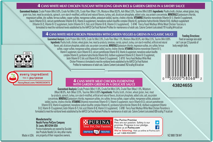 Purina Fancy Feast Medleys White Meat Chicken in Sauce Variety Pack, 3 oz. Cans, Pack of 12, Adult Cat Food