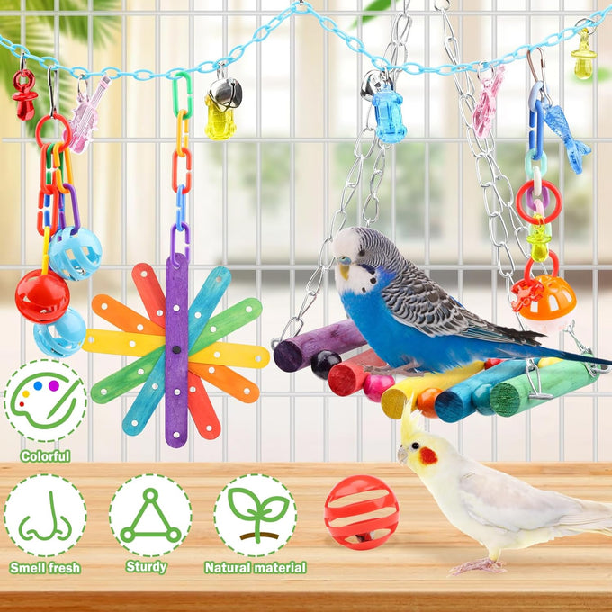 9-piece parakeet cockatiel bird toys set with colorful wooden perches and bell swing ropes for parrots cage accessories