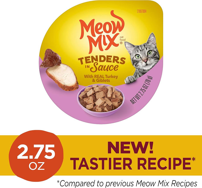 Meow Mix Tenders in Sauce Wet Cat Food, Turkey & Giblets, 2.75 oz Cups, Pack of 12