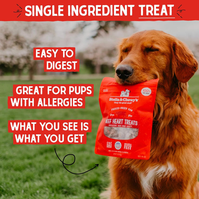 Stella & Chewy's premium freeze-dried raw beef heart dog treats, single ingredient, no additives, 3oz bag, perfect for training and picky eaters