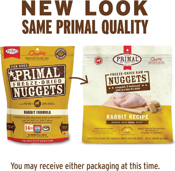 primal freeze dried raw dog food nuggets, rabbit, 14 oz, complete and balanced meal, grain free, high protein
