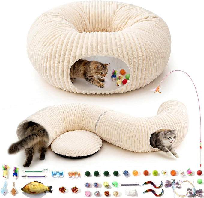 Cat tunnel bed with 40 interactive toys, collapsible play tunnel for indoor kittens, white