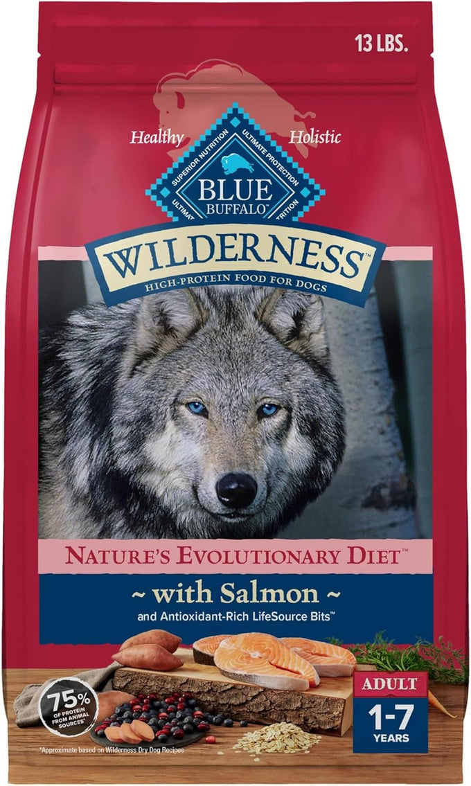 Blue Buffalo Wilderness high-protein dry dog food for adults, salmon recipe, 13-lb bag, no chicken by-products