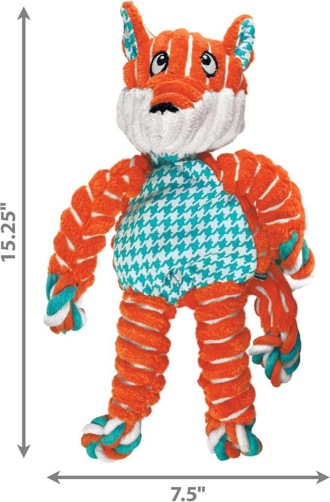 Kong Floppy Knots fox medium large dog tug toy with internal knotted rope and minimal stuffing