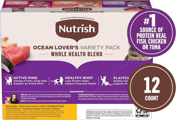Nutrish Grain Free Ocean Lover's Whole Health Blend Variety Pack Wet Cat Food, 2.8 oz. Cup, 12 Count (Rachael Ray)
