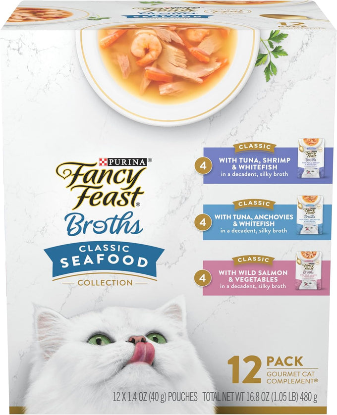 Purina Fancy Feast lickable wet cat food broth complement classics collection variety pack, 1.4 oz pouches, 12 count
