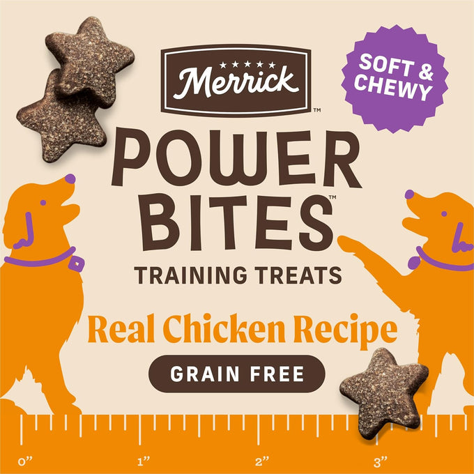 Merrick Power Bites Soft & Chewy Dog Treats with Real Deboned Chicken, Grain-Free Recipe, Fortified with Omega Fatty Acids and Minerals, Star-Shaped for Training, 6 oz Resealable Bag