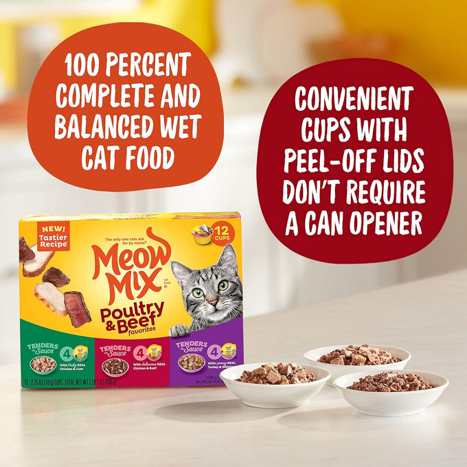 Meow Mix Tender Favorites Poultry & Beef Variety Pack, 2.75 oz Cup, 24 Pack Wet Cat Food