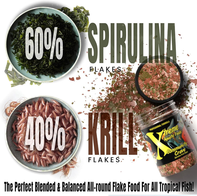 Xtreme Community Crave Flake - 60% Spirulina & 40% Krill for Vibrant Colors, Immune Support & Digestive Health - Fish Nutrition