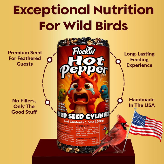 Hot Pepper Bird Seed Cylinders with Hole, 4" x 7.75", No Mess, All Natural, USA Made Birdseed for Outside Wild Birds