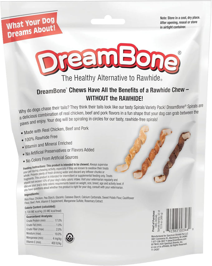 DreamBone Spirals Variety Pack Rawhide-Free Dog Chews, 32 Count, Made with Chicken, Beef, or Pork