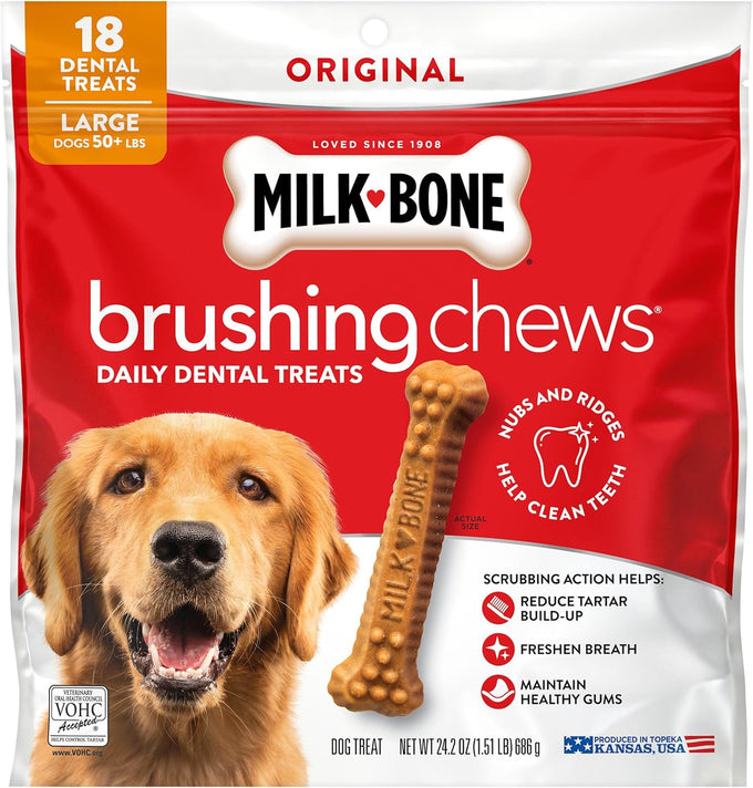 Milk-Bone Brushing Chews Original Chicken Flavor, 18 Large Daily Dental Dog Treats, 24.2 Oz Bag