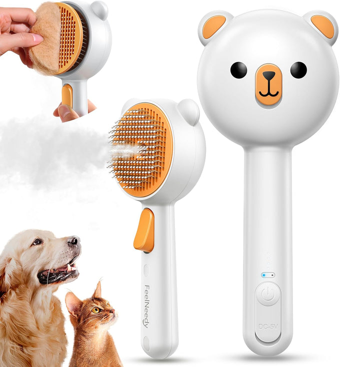 Cat Steam Brush with Release Button, Dual Speed Spray, USB Rechargeable Grooming Supplies for Indoor Cats