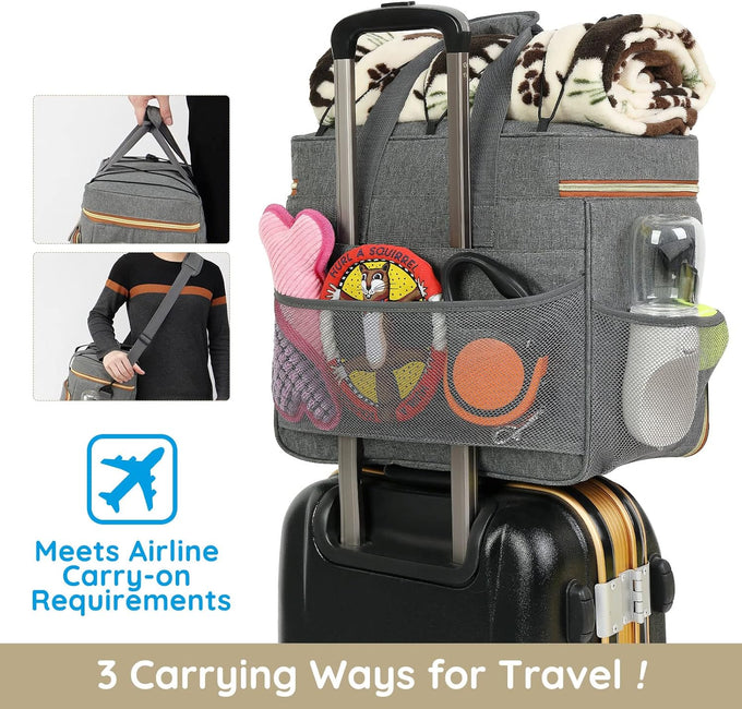 grey dog travel bag for dogs and cats with multi-function pockets and airline compliant design