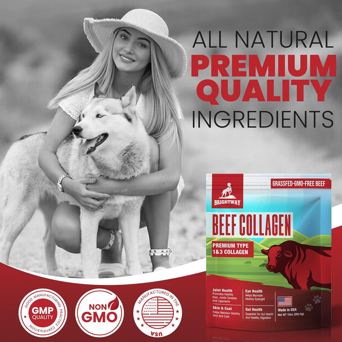 Grass fed Collagen for Dogs supports healthy skin, coat, hip, joint care and cartilage support for dogs with 100% all natural collagen