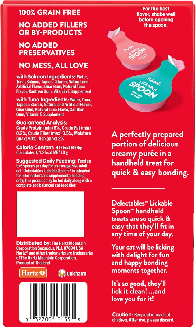 delectables lickable spoon handheld wet cat treats made with real salmon & tuna, creamy puree, mess free, quick & easy, grain-free 32ct variety pack